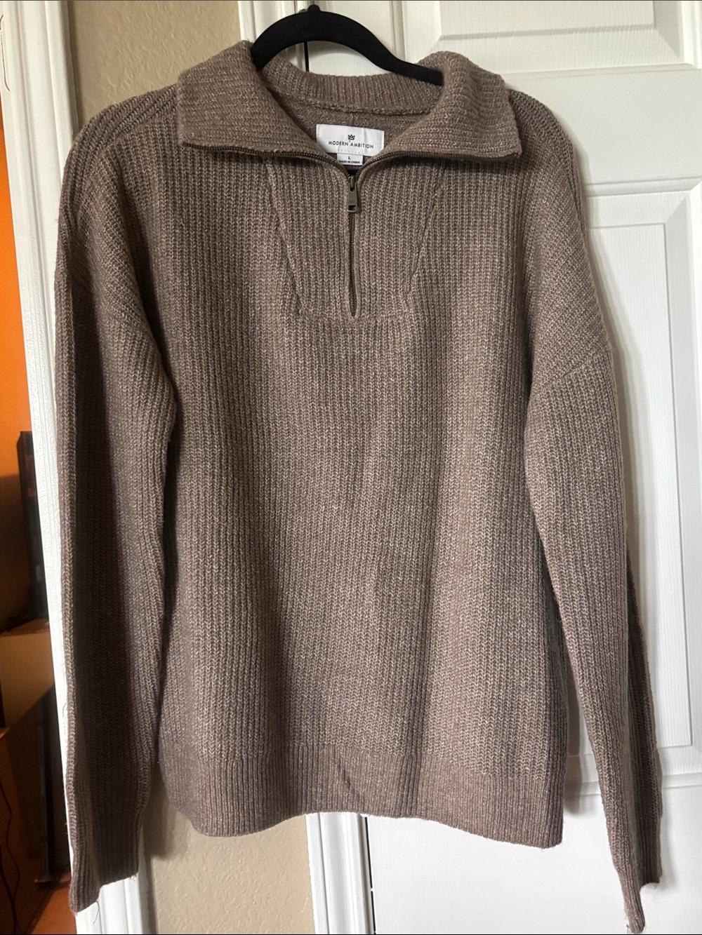 Modern Amusement Men's Zip-Front Sweater in Taupe Brown